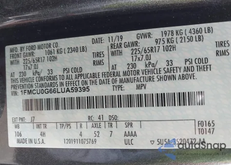 2020 Ford Escape Se from USA, damaged, VIN 1FMCU0G66LUA59395